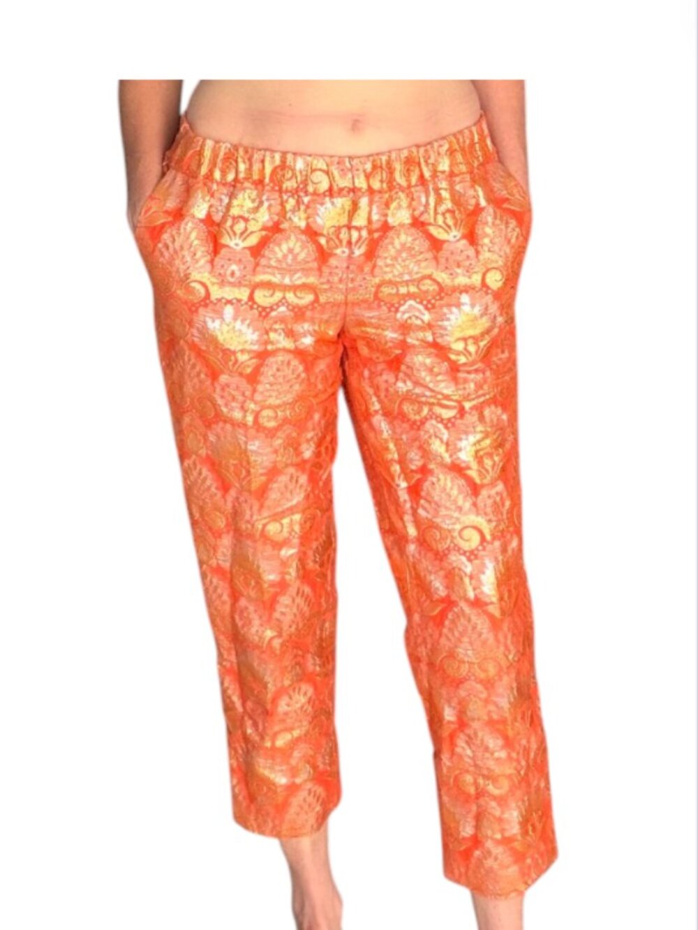 J.Crew Collection Metallic Orange Gold Brocade ornate scroll Tapered Pants Sz 4